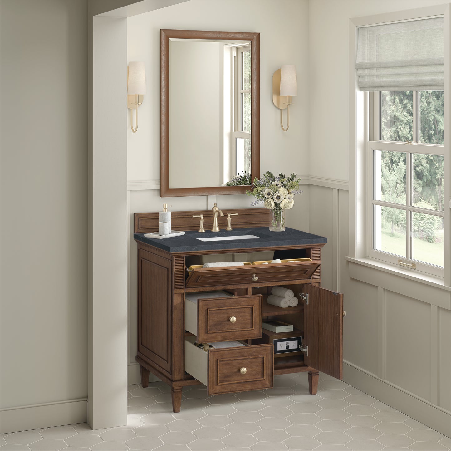 Lorelai 36" Single Vanity, Mid-Century Walnut w/ 3 CM Charcoal Soapstone Silestone Top