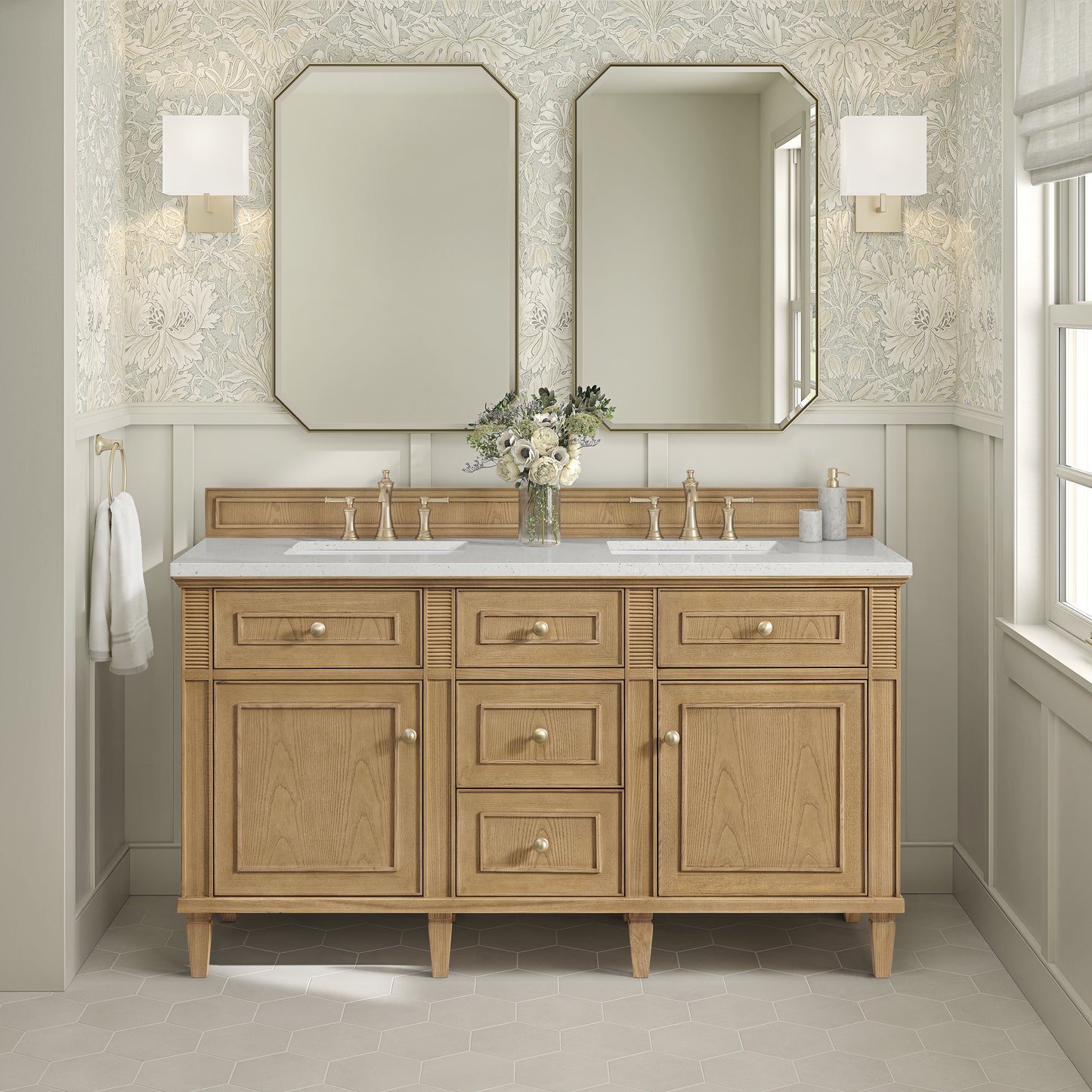 Lorelai 60" Double Vanity, Light Natural Oak w/ 3 CM Lime Delight Silestone Top