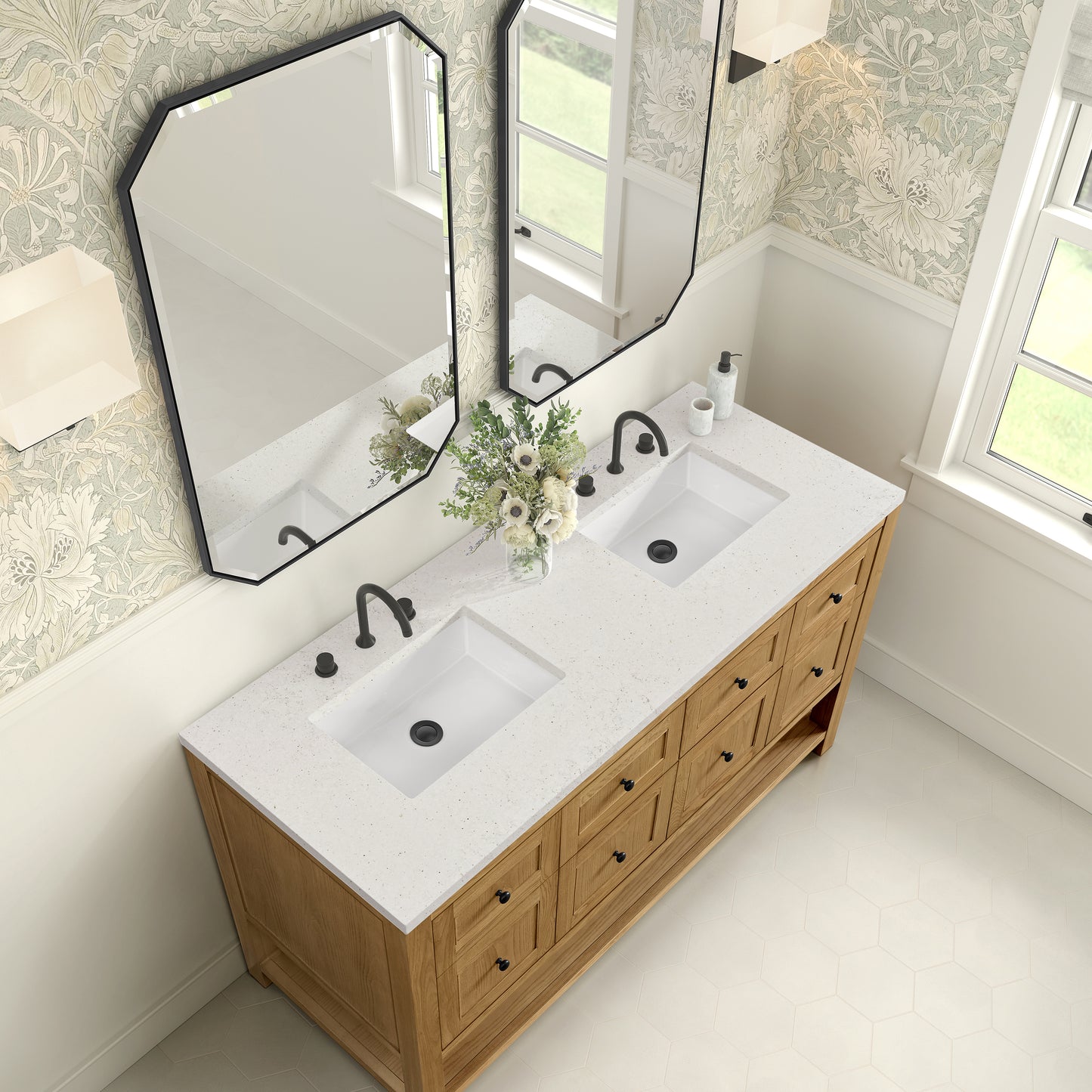 Breckenridge 60" Double Vanity, Light Natural Oak, w/ 3 CM Lime Delight Quartz Top