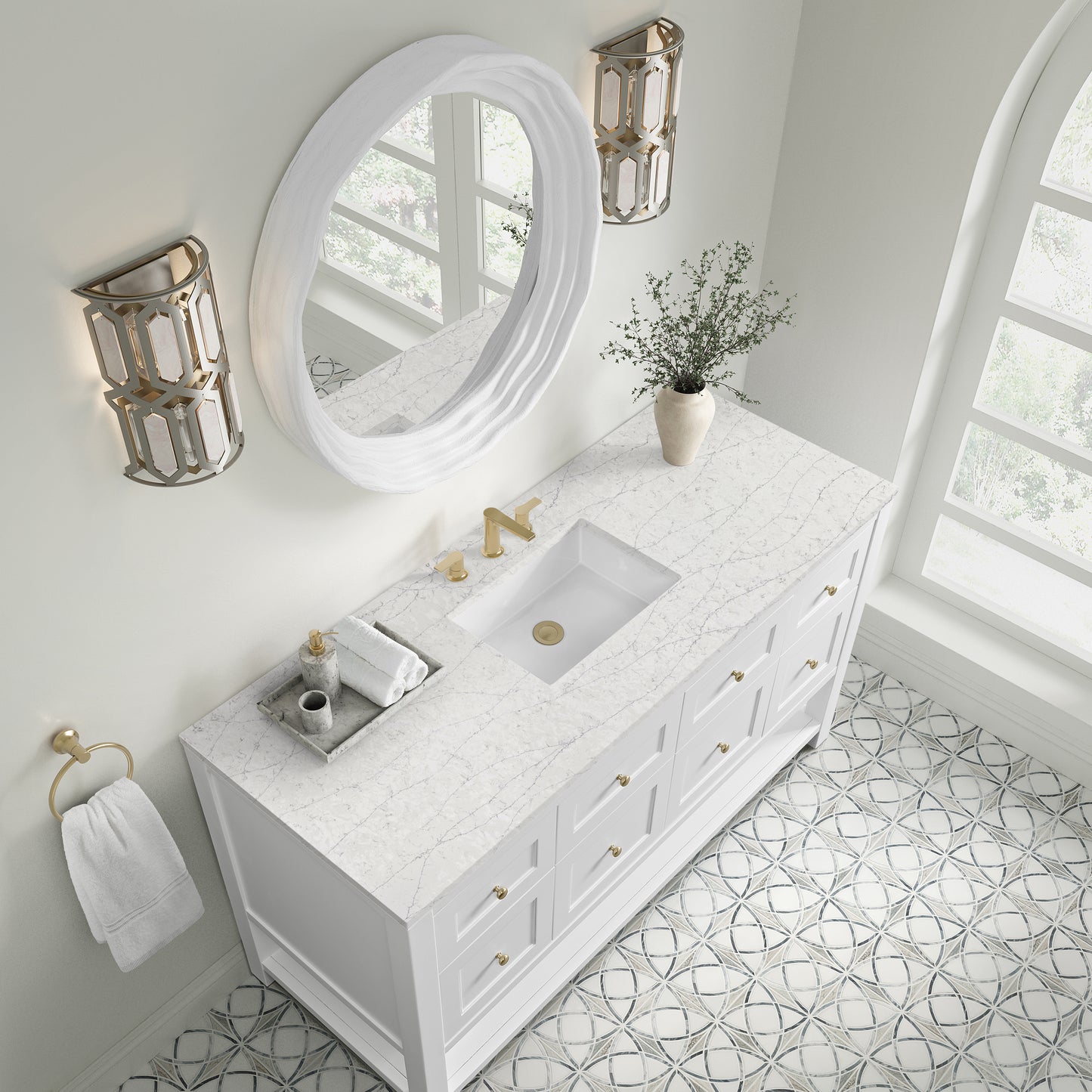 Breckenridge 60" Single Vanity, Bright White, w/ 3 CM Eternal Jasmine Pearl Silestone Top w/ FreePower Wireless Charger