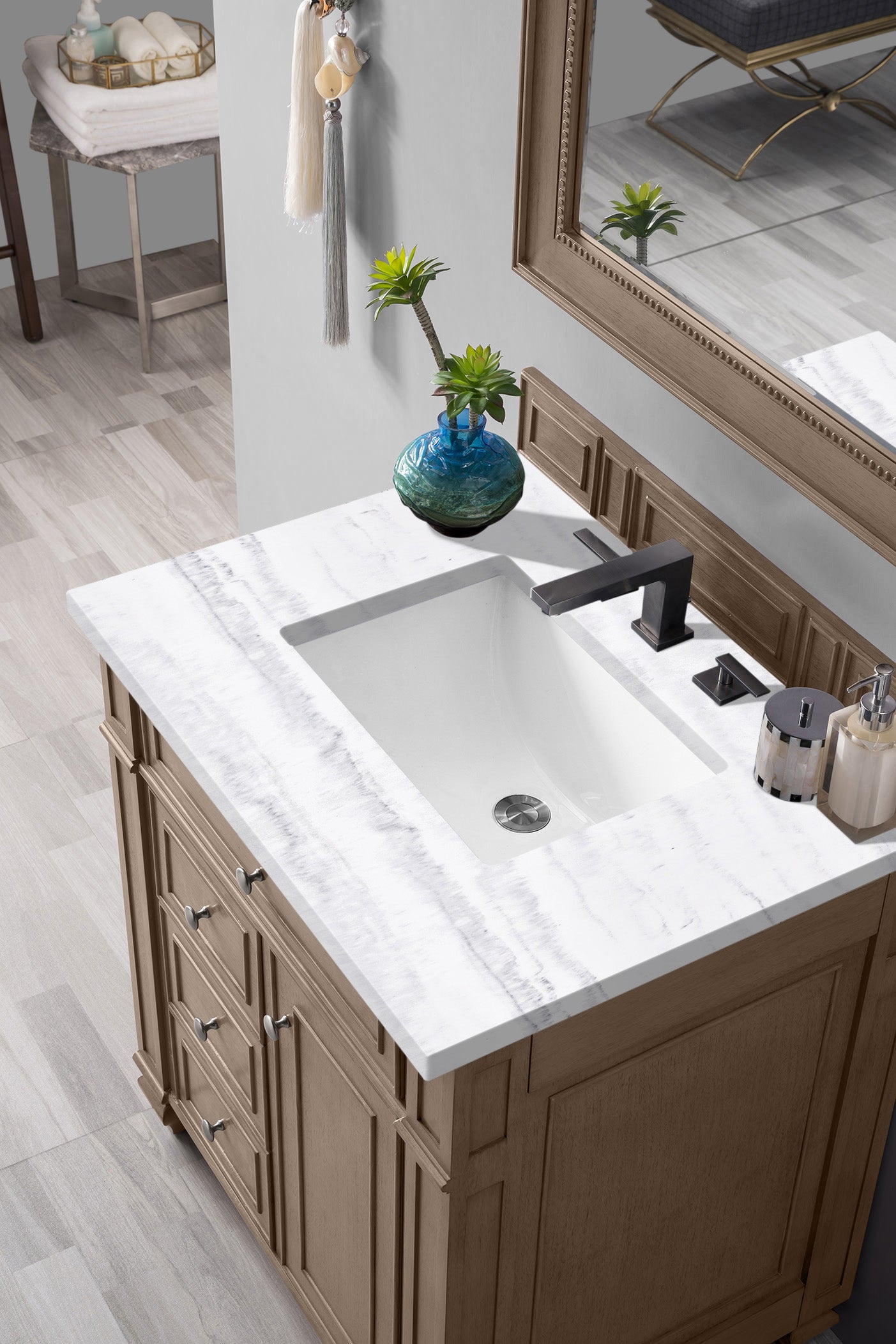 Bristol 30" Single Vanity, Whitewashed Walnut w/ 3 CM Arctic Fall Solid Surface Top