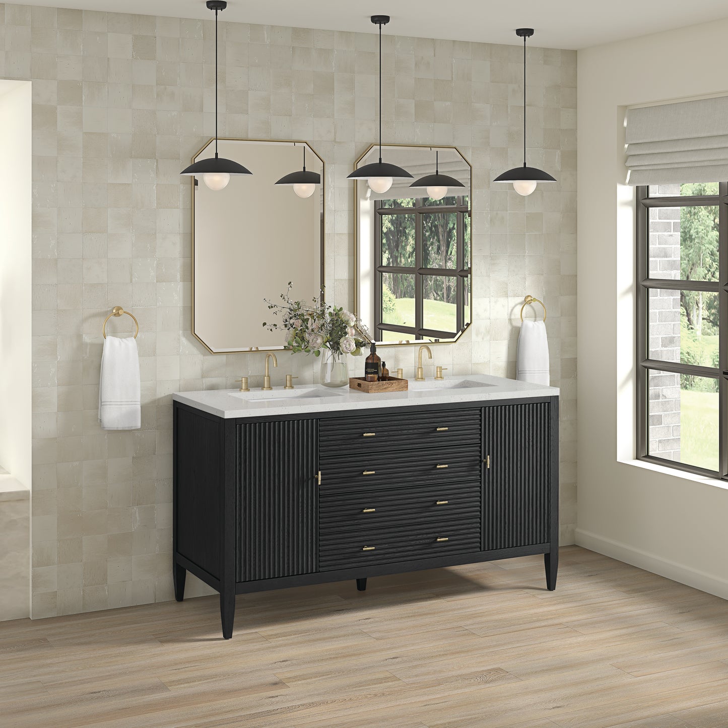 Myrrin 60" Double Vanity, Carbon Oak w/ 3 CM Lime Delight Silestone Top
