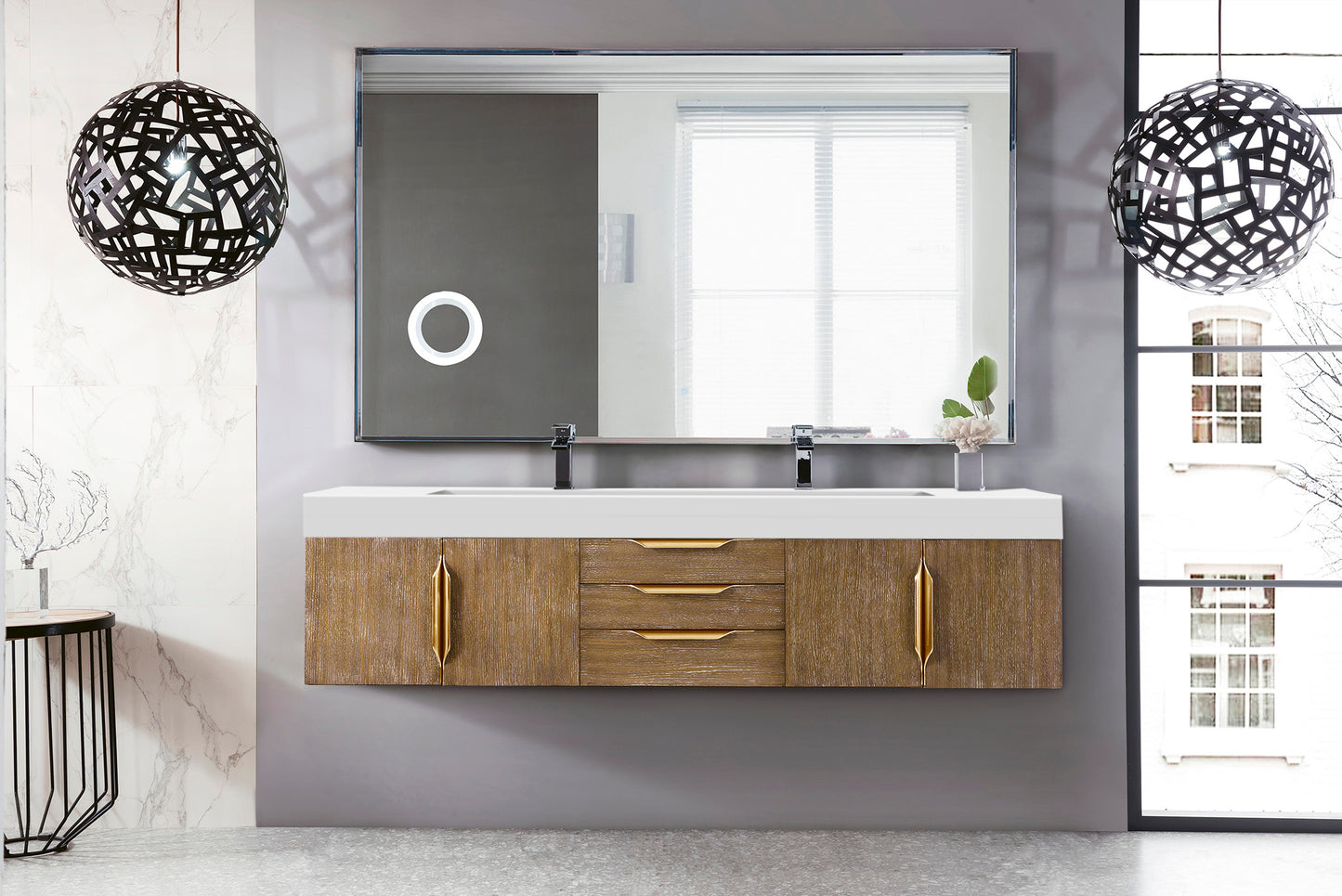 Columbia 72" Double Wall Mount Vanity, Latte Oak, Radiant Gold w/ Glossy White Composite Stone Top