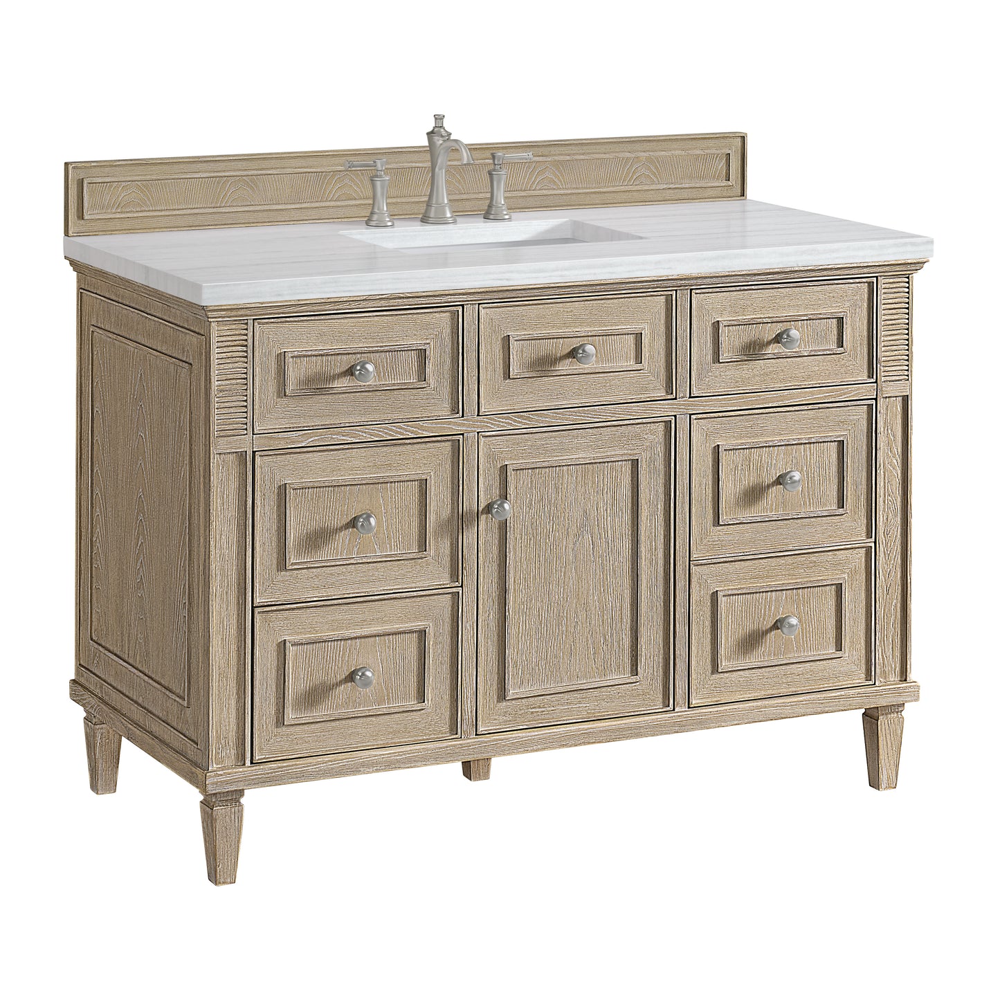 Lorelai 48" Single Vanity, Whitewashed Oak w/ 3 CM Arctic Fall Solid Surface Top