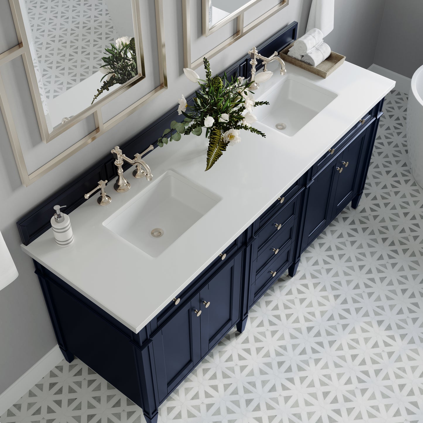 Brittany 72" Double Vanity, Victory Blue w/ 3 CM White Zeus Silestone Top
