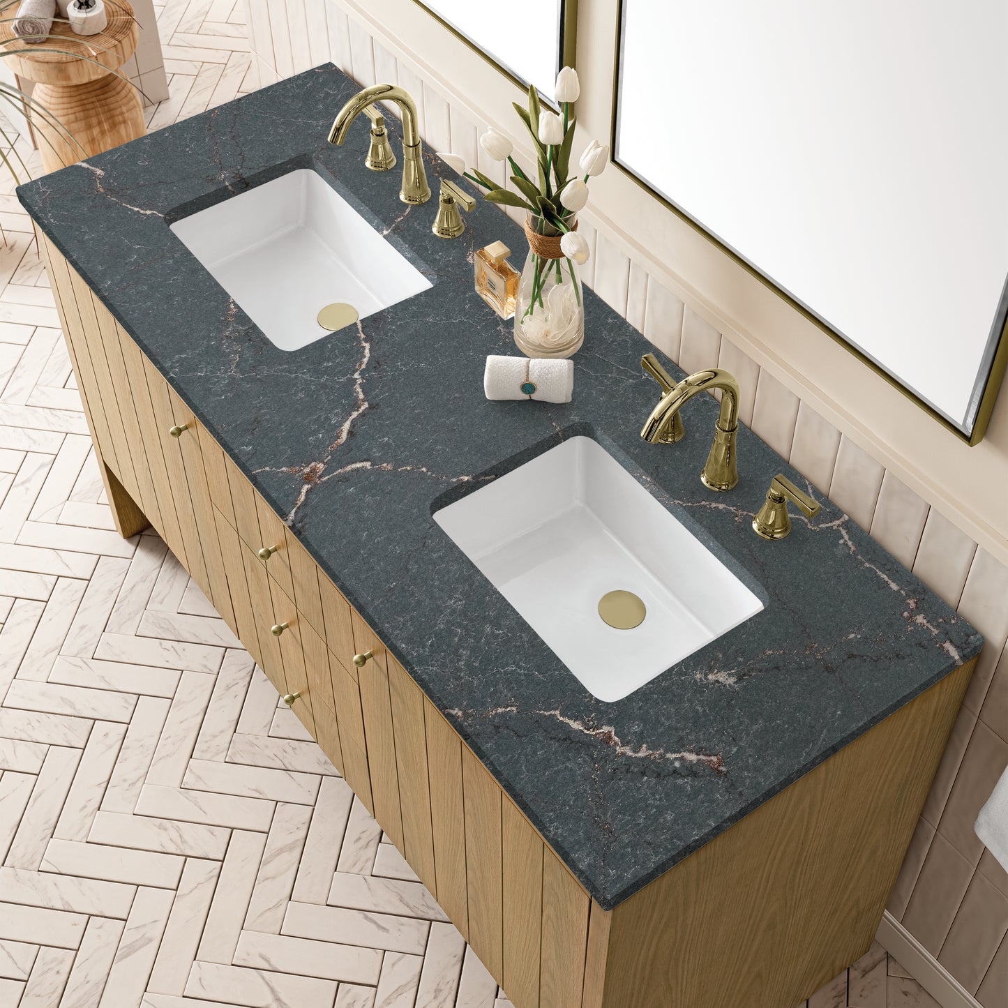 Hudson 60" Double Vanity, Light Natural Oak w/ 3 CM Parisien Bleu Top