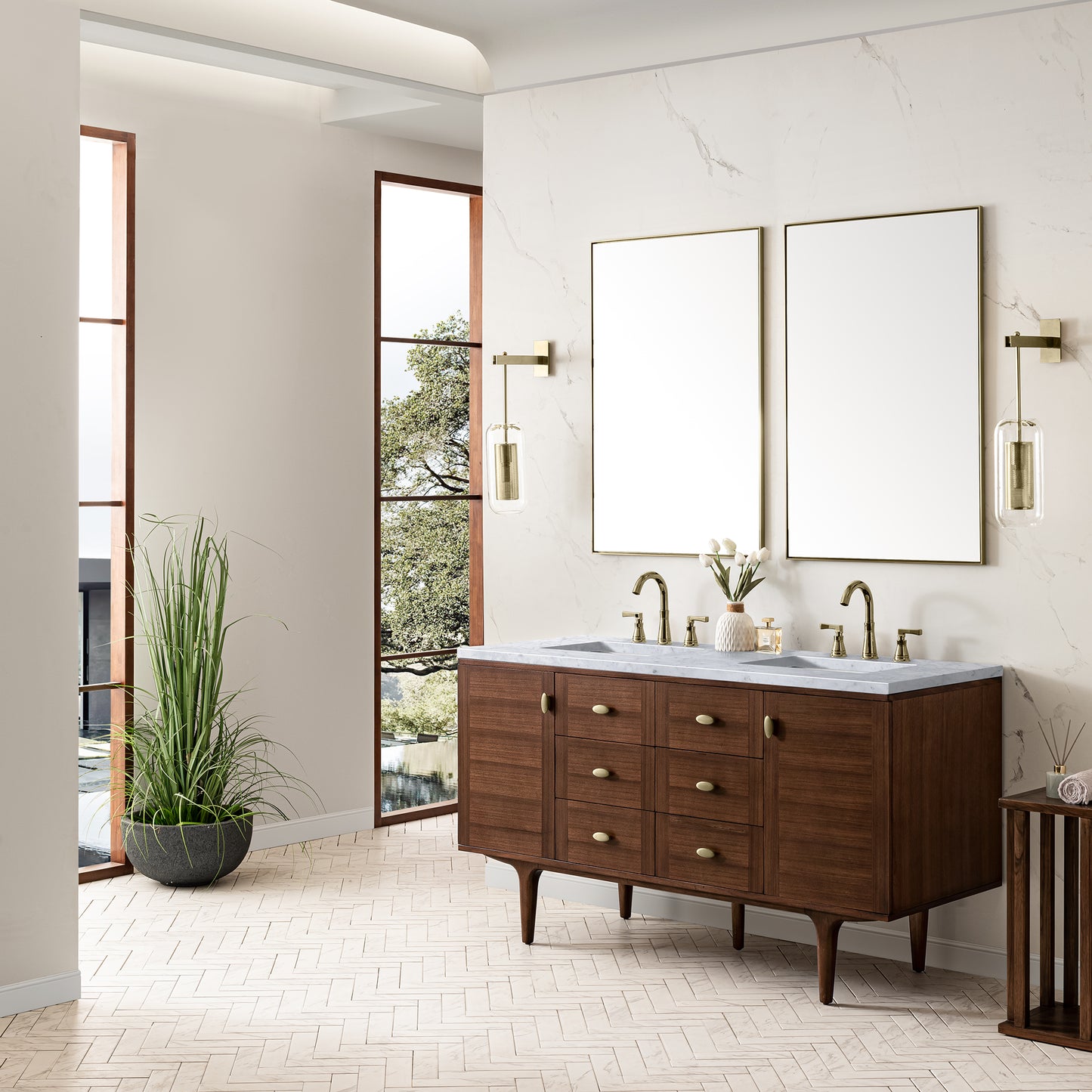 Amberly 60" Double Vanity, Mid-Century Walnut w/ 3 CM Carrara Marble Top
