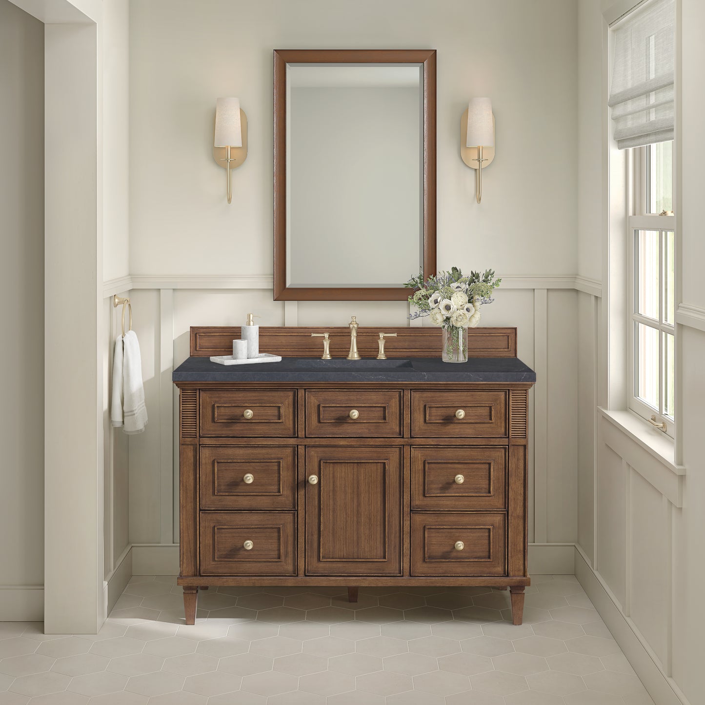 Lorelai 48" Single Vanity, Mid-Century Walnut w/ 3 CM Charcoal Soapstone Silestone Top