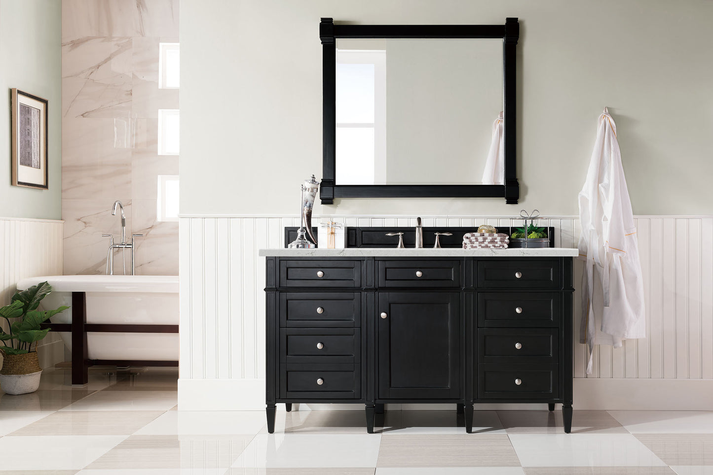 Brittany 60" Single Vanity, Black Onyx, w/ 3 CM Eternal Jasmine Pearl Silestone Top