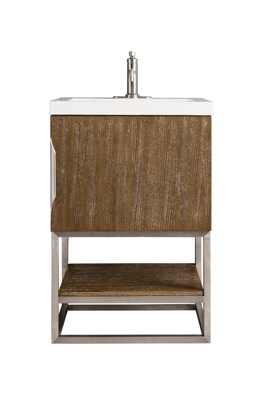 Columbia 24" Single Vanity, Latte Oak, Brushed Nickel w/ White Glossy Composite Stone Top