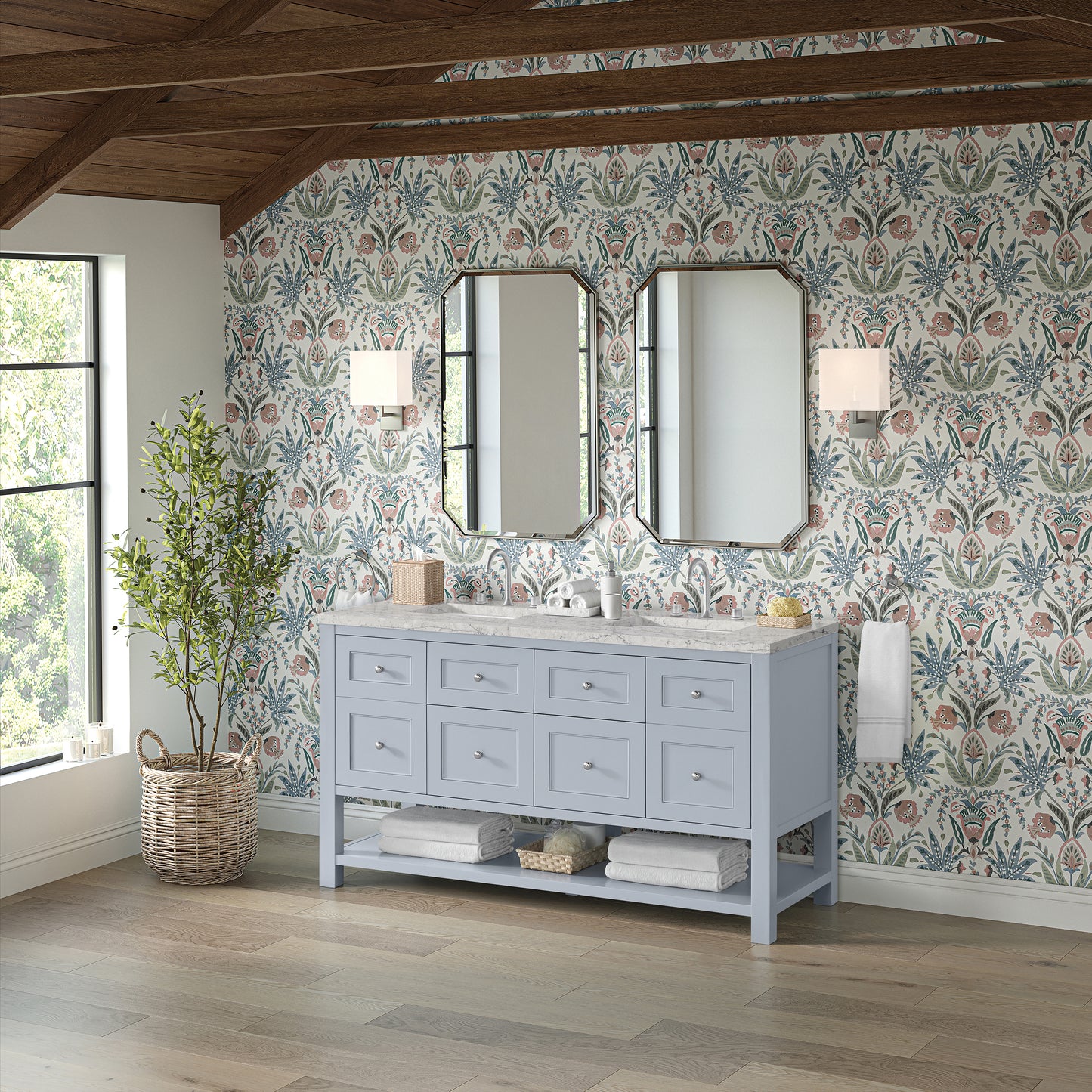 Breckenridge 60" Double Vanity, Serenity Blue, w/ 3 CM Eternal Jasmine Pearl Quartz Top