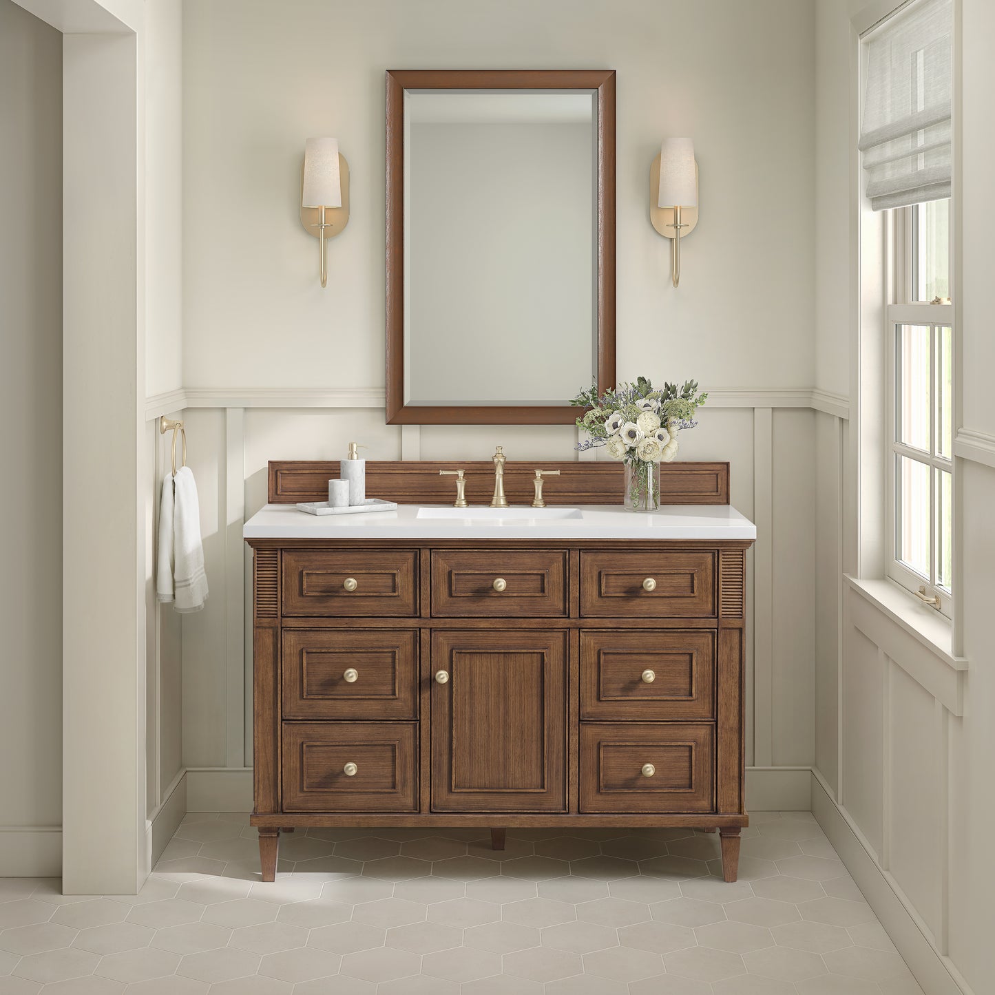Lorelai 48" Single Vanity, Mid-Century Walnut w/ 3 CM White Zeus Silestone Top