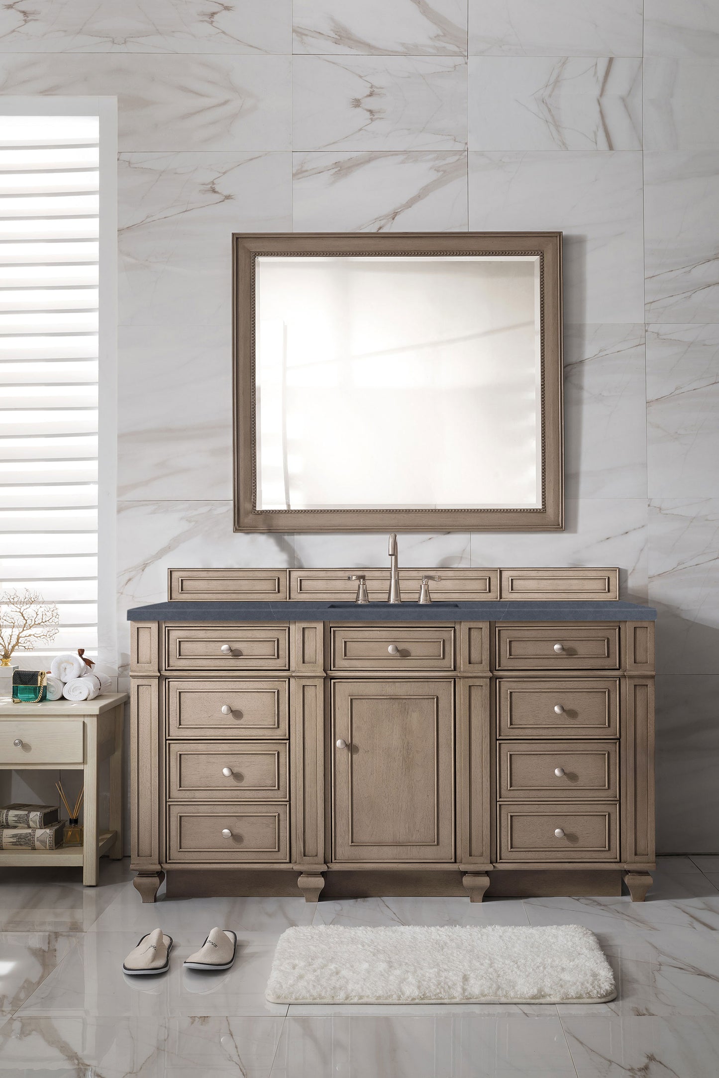 Bristol 60" Single Vanity, Whitewashed Walnut w/ 3 CM Charcoal Soapstone Silestone Top