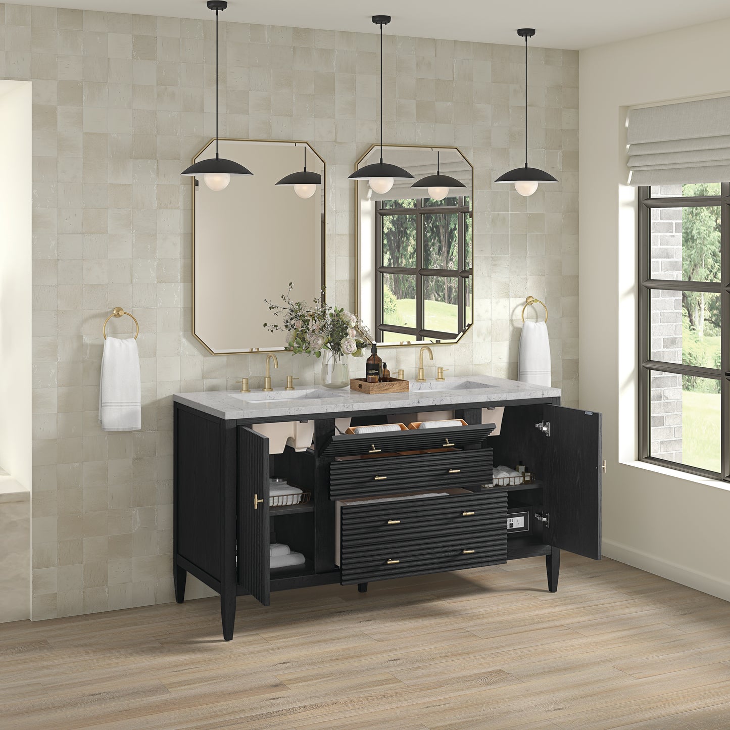 Myrrin 60" Double Vanity, Carbon Oak w/ 3 CM Eternal Jasmine Pearl Silestone Top