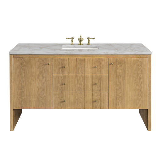 Hudson 60" Single Vanity, Light Natural Oak w/ 3 CM Victorian Silver Top w/ FreePower Wireless Charger