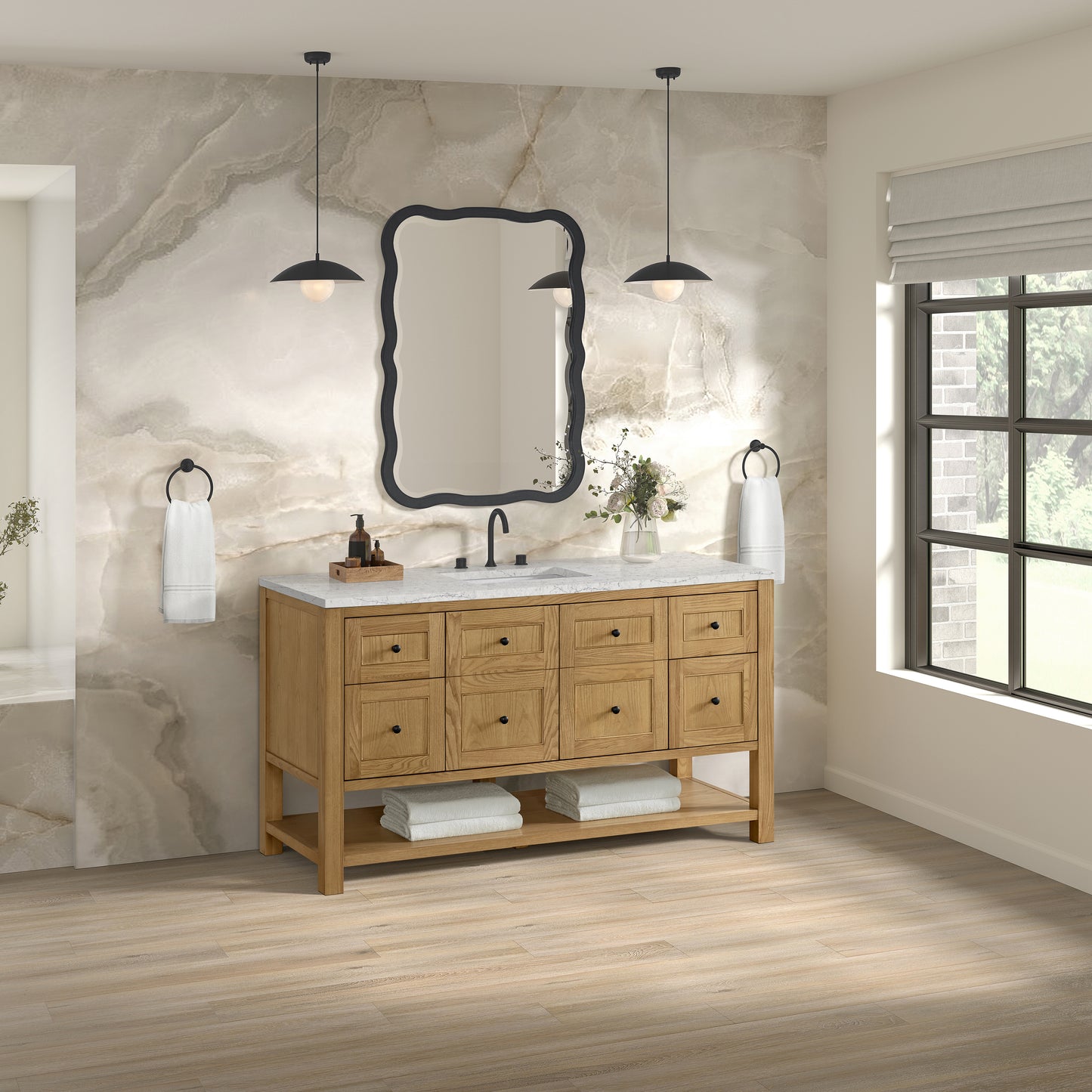 Breckenridge 60" Single Vanity, Light Natural Oak, w/ 3 CM Eternal Jasmine Pearl Silestone Top w/ FreePower Wireless Charger