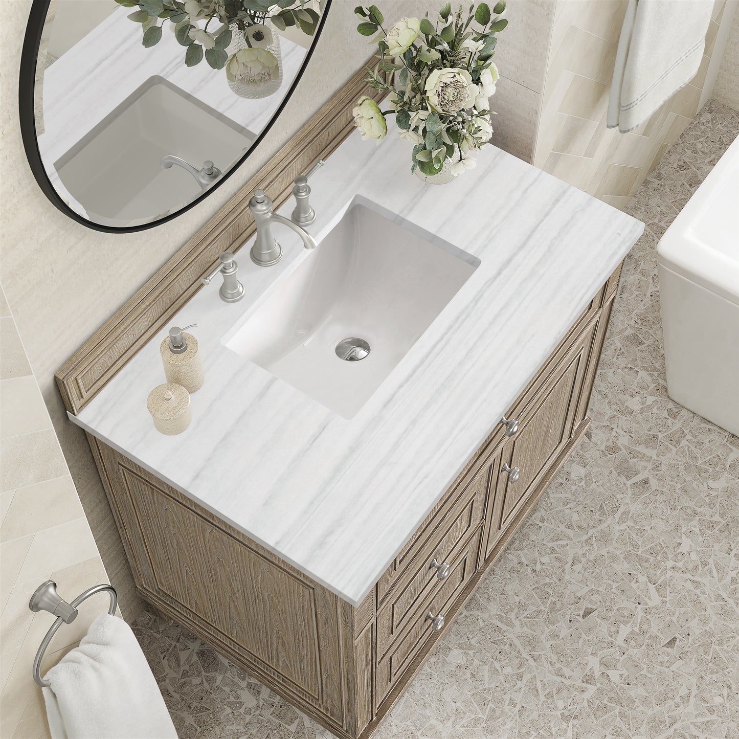 Lorelai 36" Single Vanity, Whitewashed Oak w/ 3 CM Arctic Fall Solid Surface Top