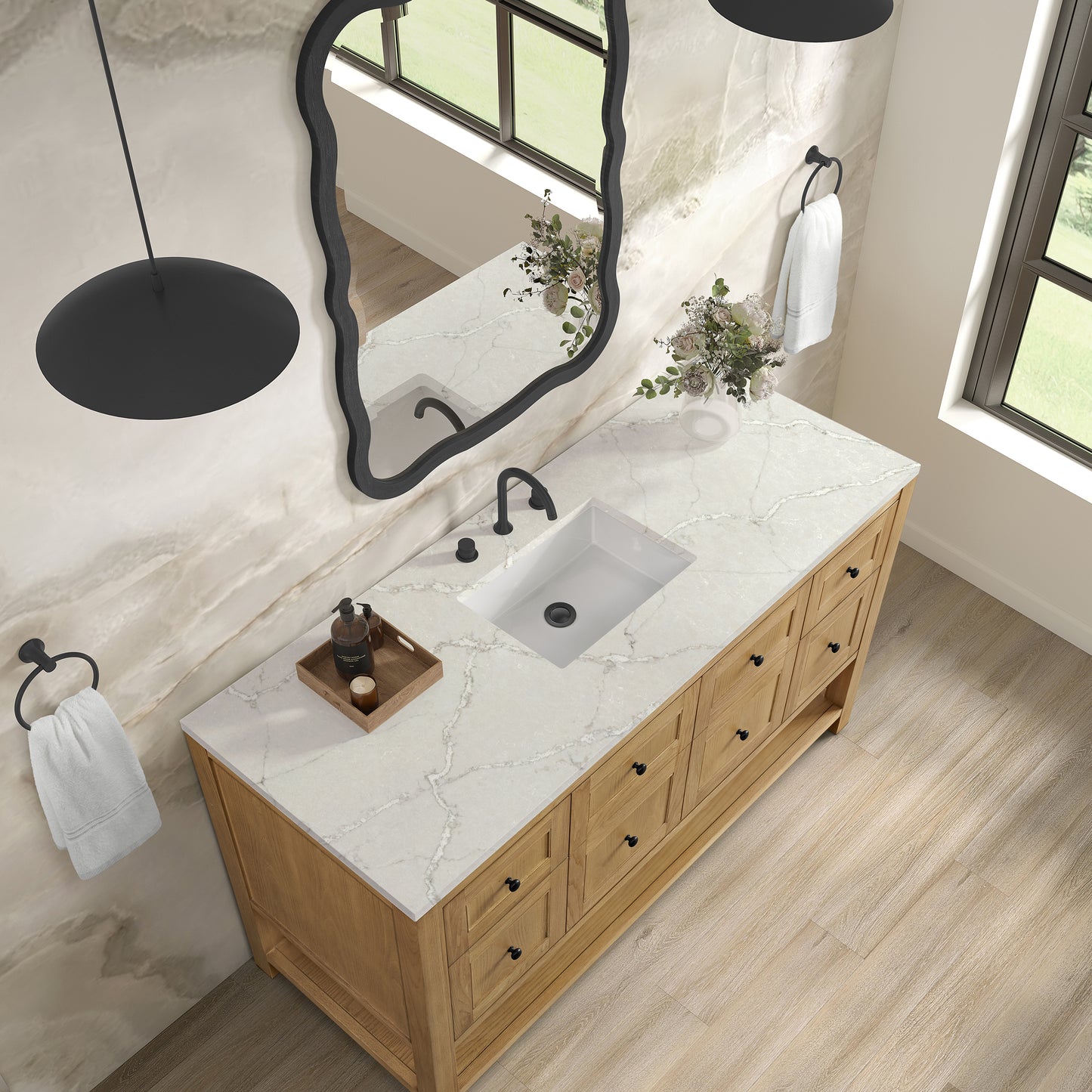 Breckenridge 60" Single Vanity, Light Natural Oak, w/ 3 CM Victorian Silver Silestone Top w/ FreePower Wireless Charger