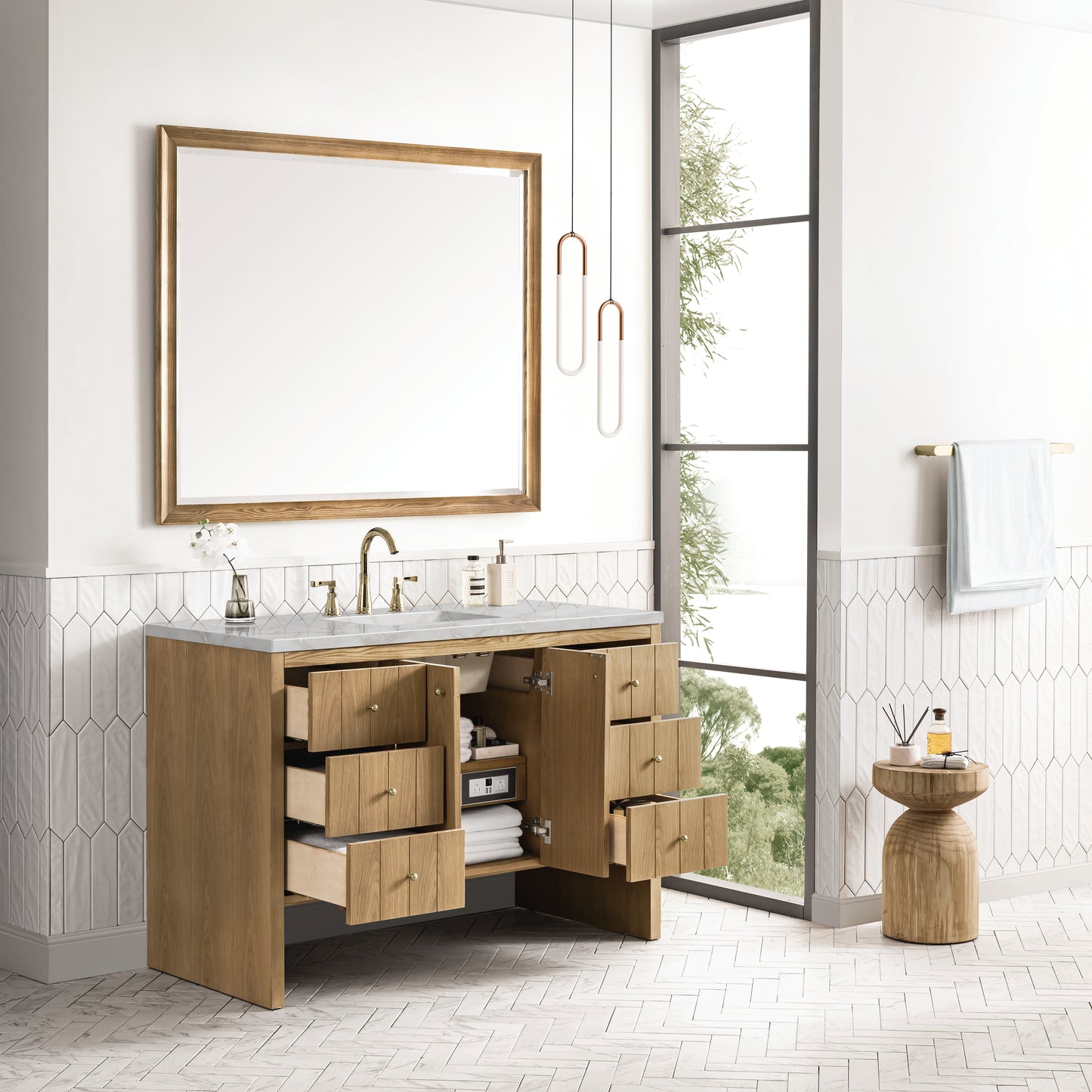 Hudson 48" Single Vanity, Light Natural Oak w/ 3 CM Victorian Silver Top