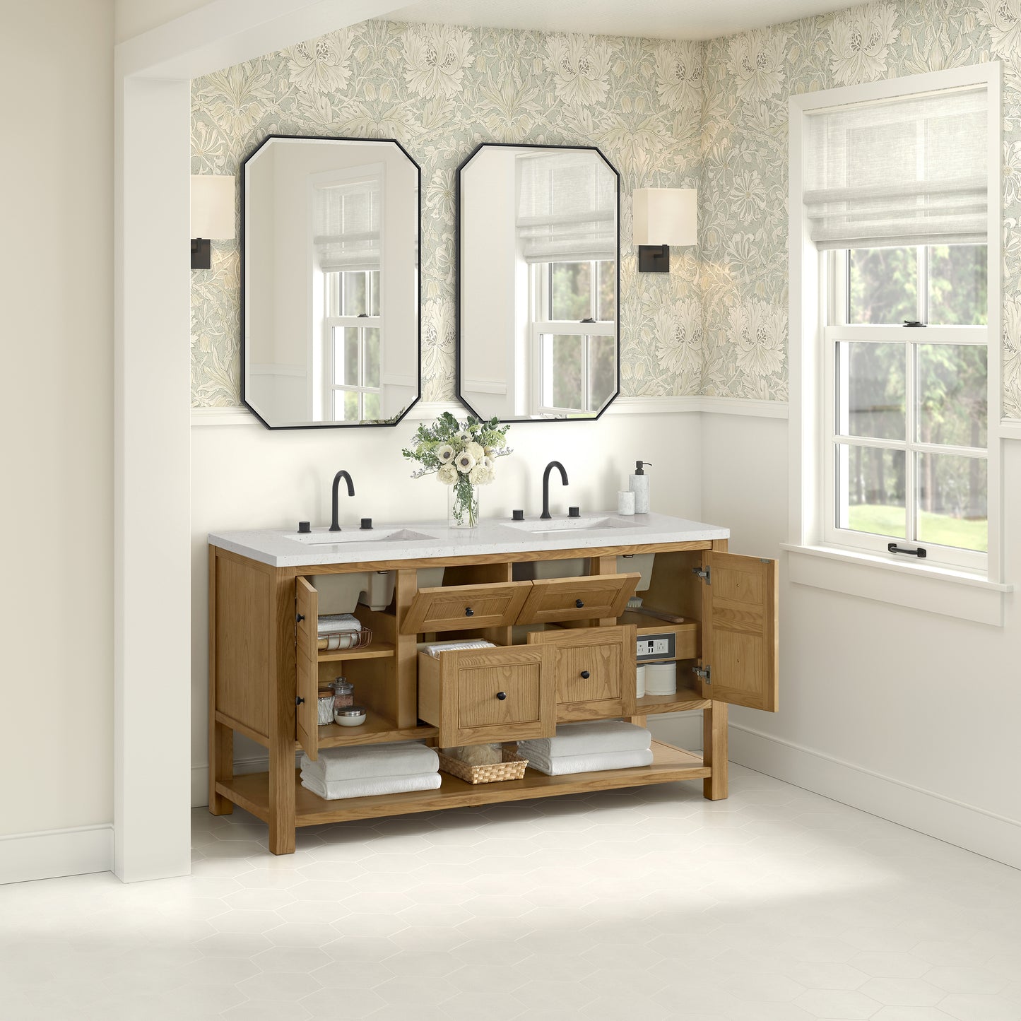 Breckenridge 60" Double Vanity, Light Natural Oak, w/ 3 CM Lime Delight Quartz Top
