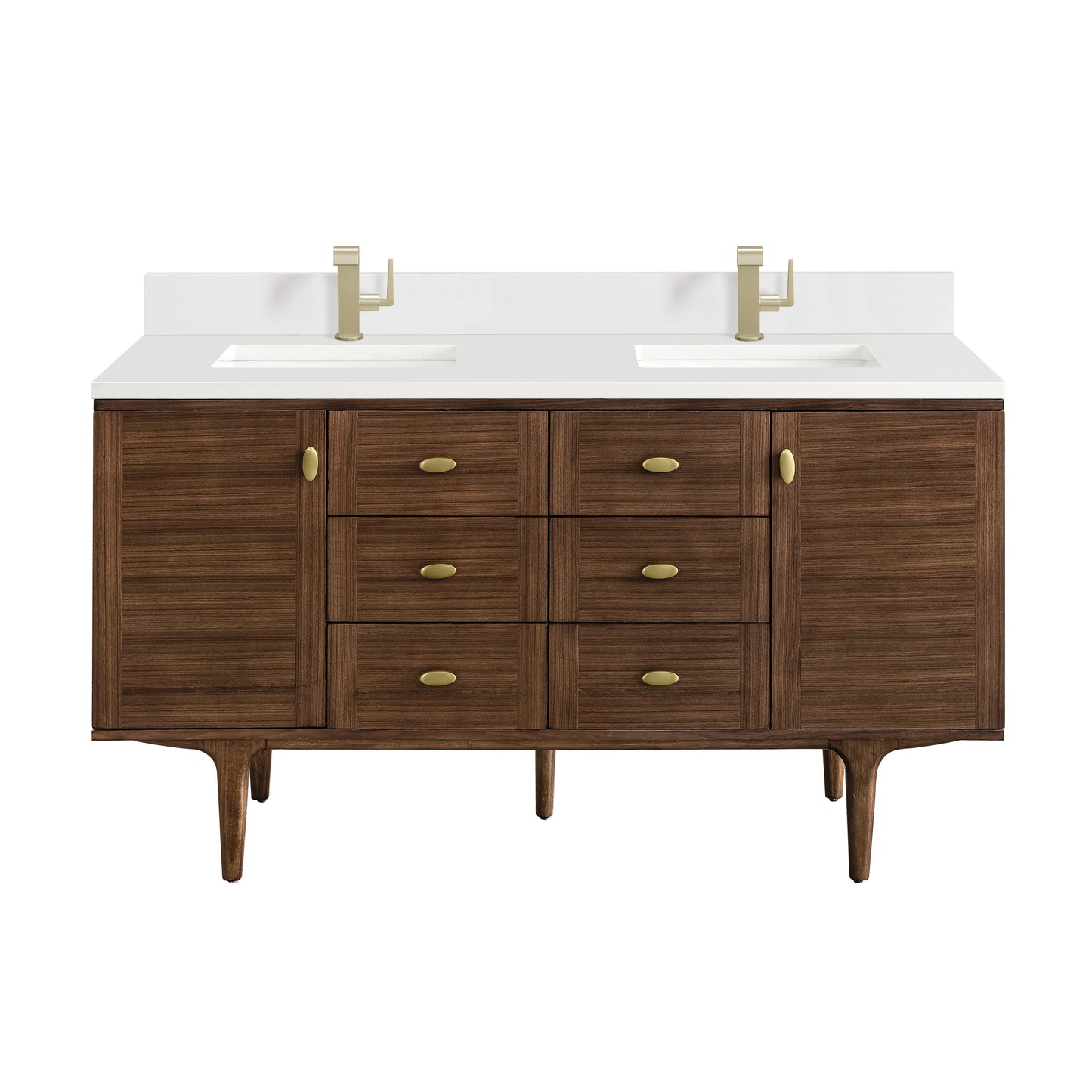 Amberly 60" Double Vanity, Mid-Century Walnut w/ Single Hole 3 CM White Zeus Top & Backsplash