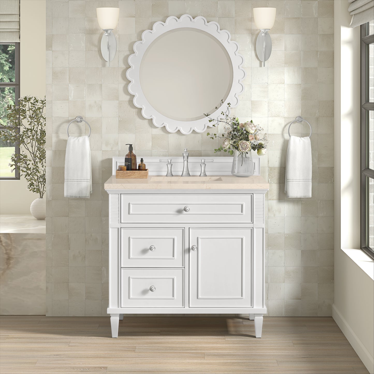Lorelai 36" Single Vanity, Bright White w/ 3 CM Eternal Marfil Silestone Top