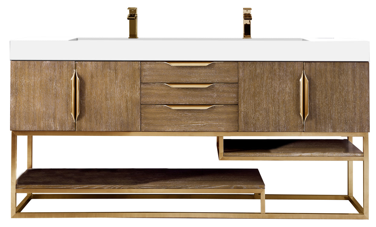 Columbia 72" Double Vanity, Latte Oak, Radiant Gold w/ Glossy White Composite Stone Top