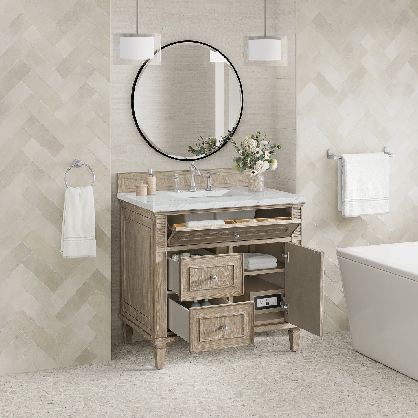 Lorelai 36" Single Vanity, Whitewashed Oak w/ 3 CM Ethereal Noctis Silestone Top
