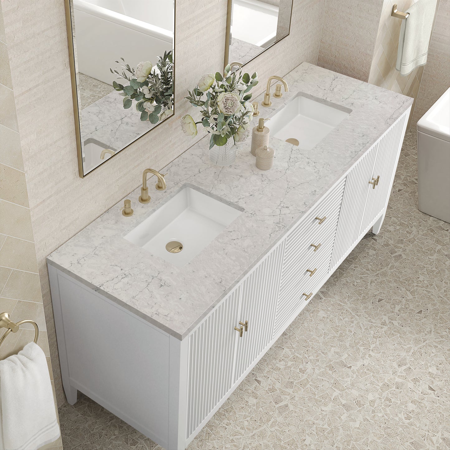 Myrrin 72" Double Vanity, Bright White w/ 3 CM Eternal Jasmine Pearl Silestone Top