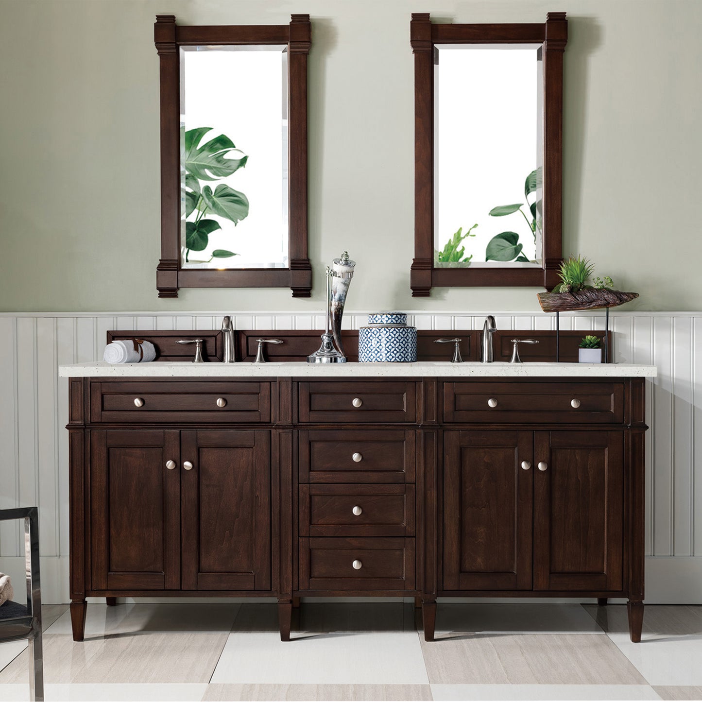 Brittany 72" Double Vanity, Burnished Mahogany w/ 3 CM Lime Delight Silestone Top