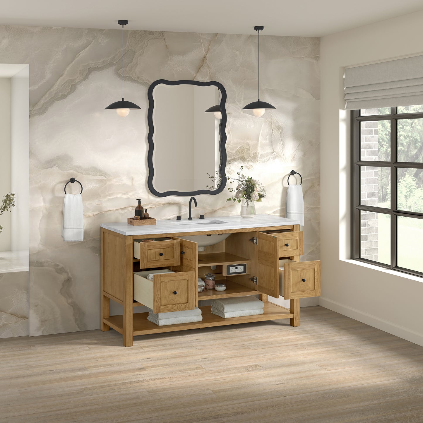 Breckenridge 60" Single Vanity, Light Natural Oak, w/ 3 CM Arctic Fall Solid Surface Top