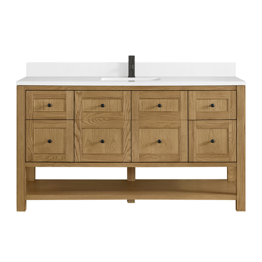 Breckenridge 60" Single Vanity, Light Natural Oak, w/ Single Hole 3 CM White Zeus Quartz Top & Backsplash