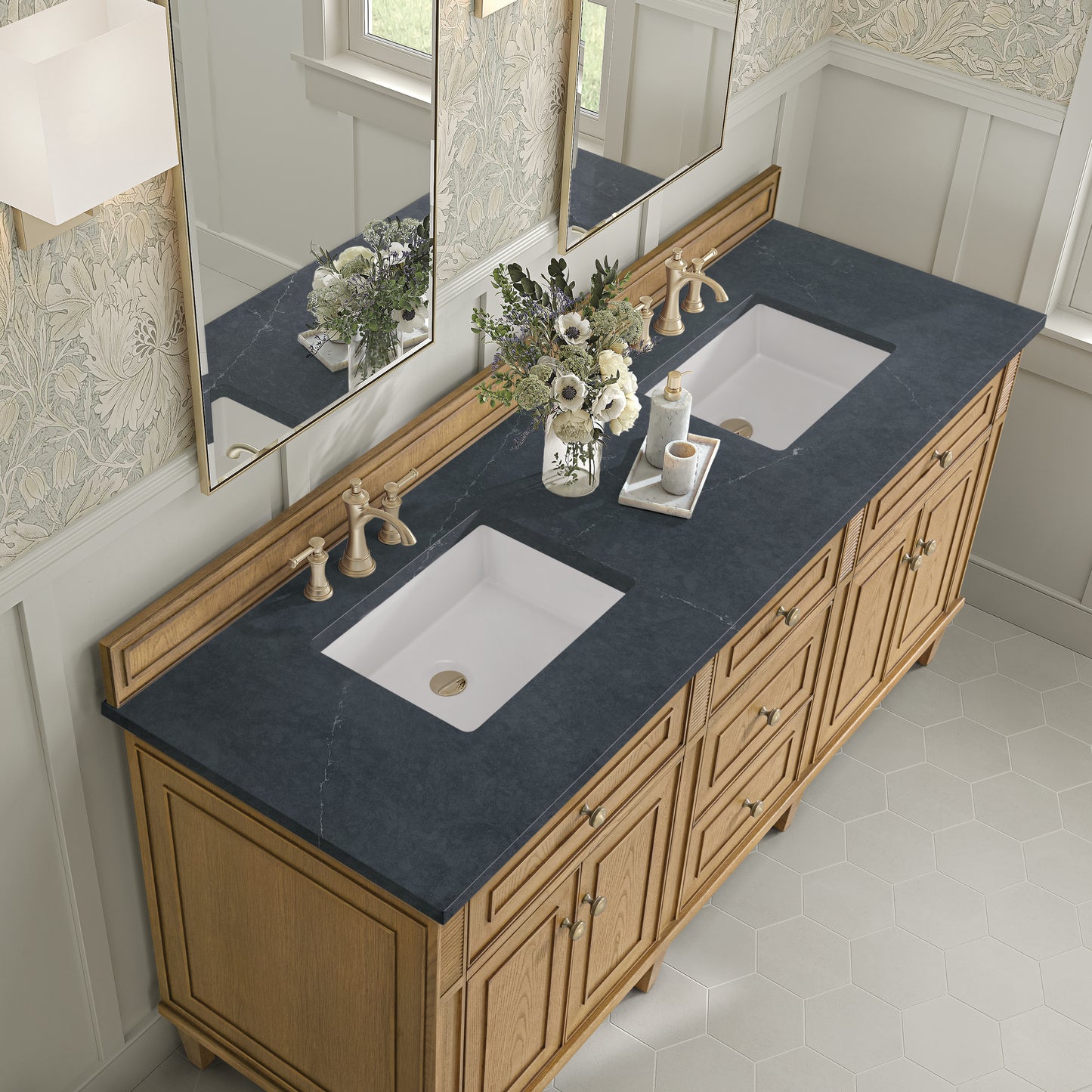 Lorelai 72" Double Vanity, Light Natural Oak w/ 3 CM Charcoal Soapstone Silestone Top