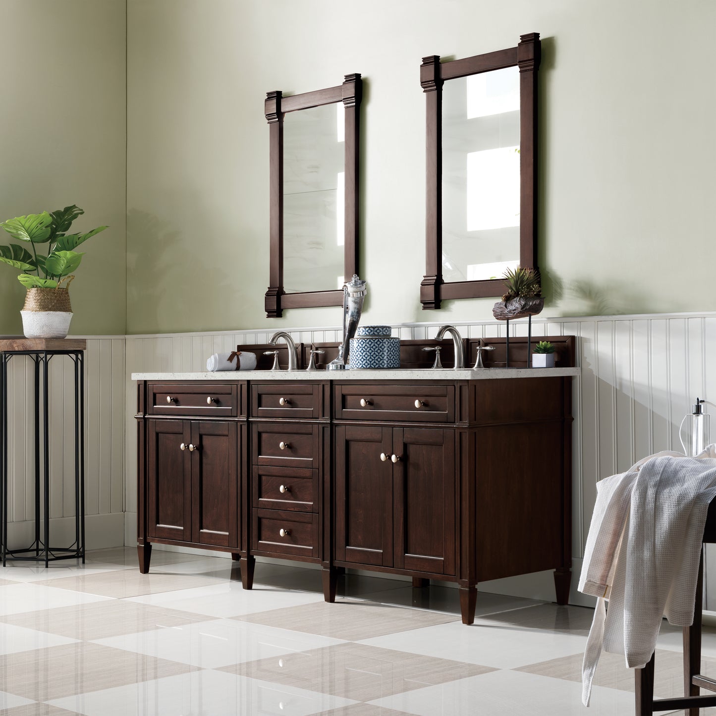 Brittany 72" Double Vanity, Burnished Mahogany w/ 3 CM Lime Delight Silestone Top