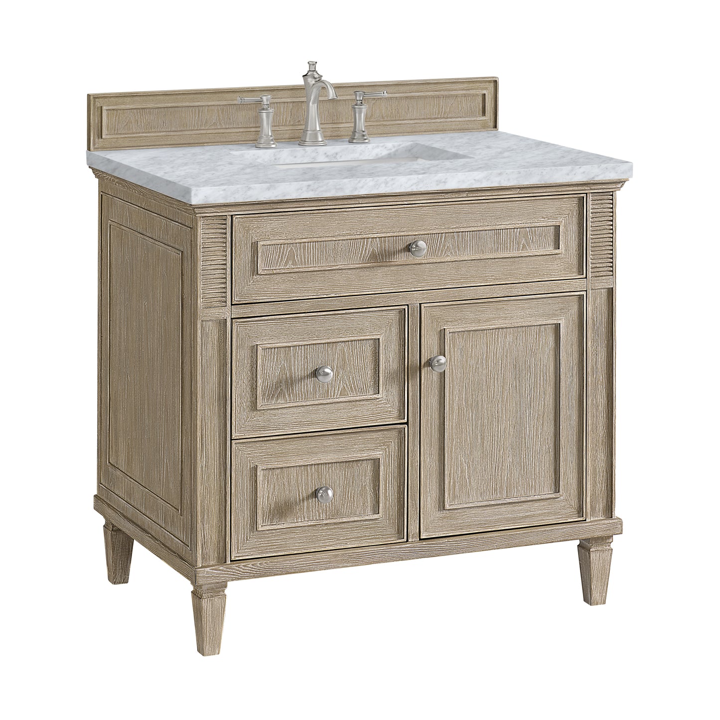 Lorelai 36" Single Vanity, Whitewashed Oak w/ 3 CM Carrara White Marble Top