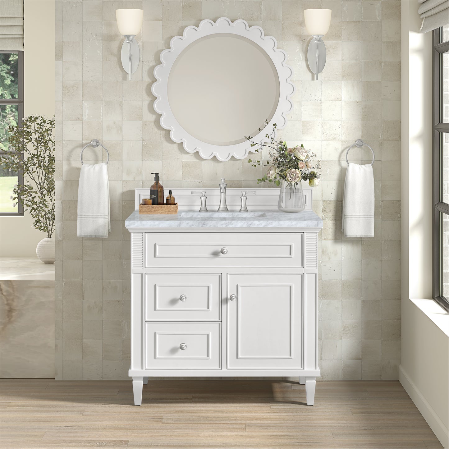 Lorelai 36" Single Vanity, Bright White w/ 3 CM Carrara White Marble Top