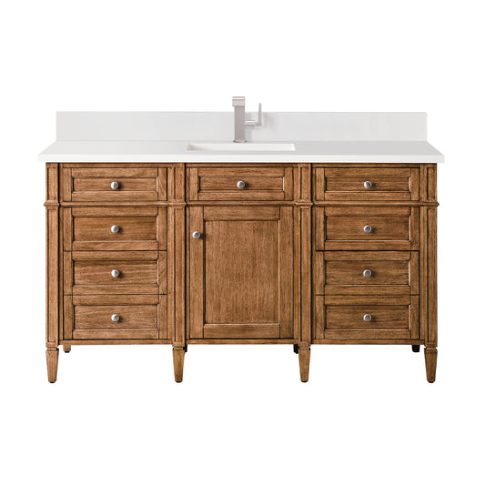 Brittany 60" Single Vanity, Saddle Brown w/ Single Hole 3 CM White Zeus Silestone Top & Backsplash
