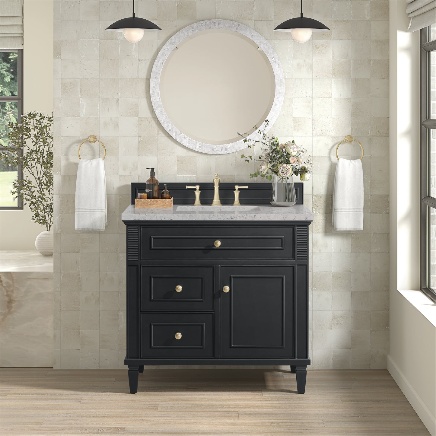 Lorelai 36" Single Vanity, Black Onyx w/ 3 CM Eternal Jasmine Pearl Silestone Top