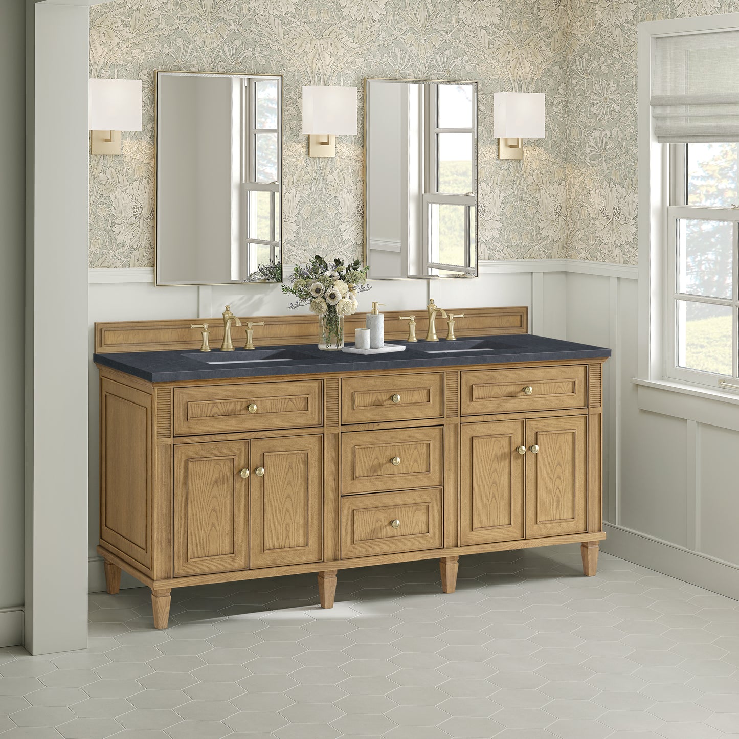 Lorelai 72" Double Vanity, Light Natural Oak w/ 3 CM Charcoal Soapstone Silestone Top