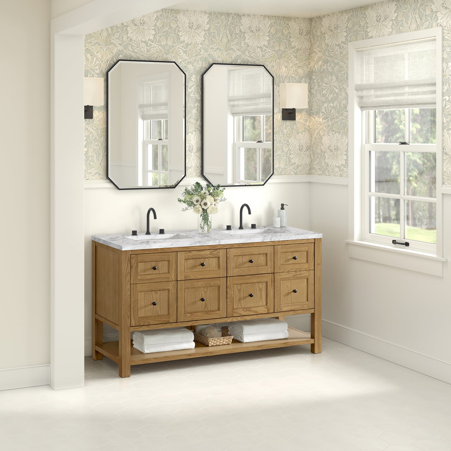 Breckenridge 60" Double Vanity, Light Natural Oak, w/ 3 CM Carrara Marble Top