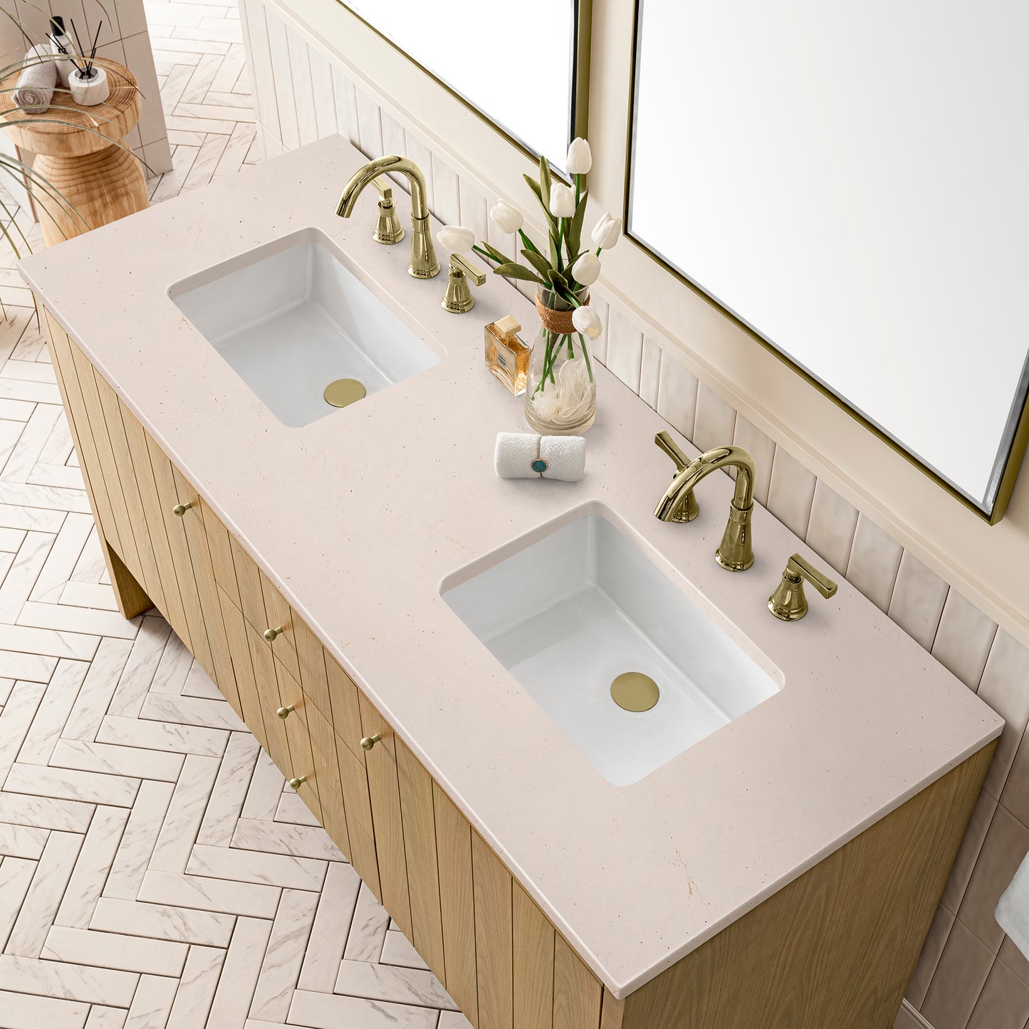 Hudson 60" Double Vanity, Light Natural Oak w/ 3 CM Eternal Marfil Top
