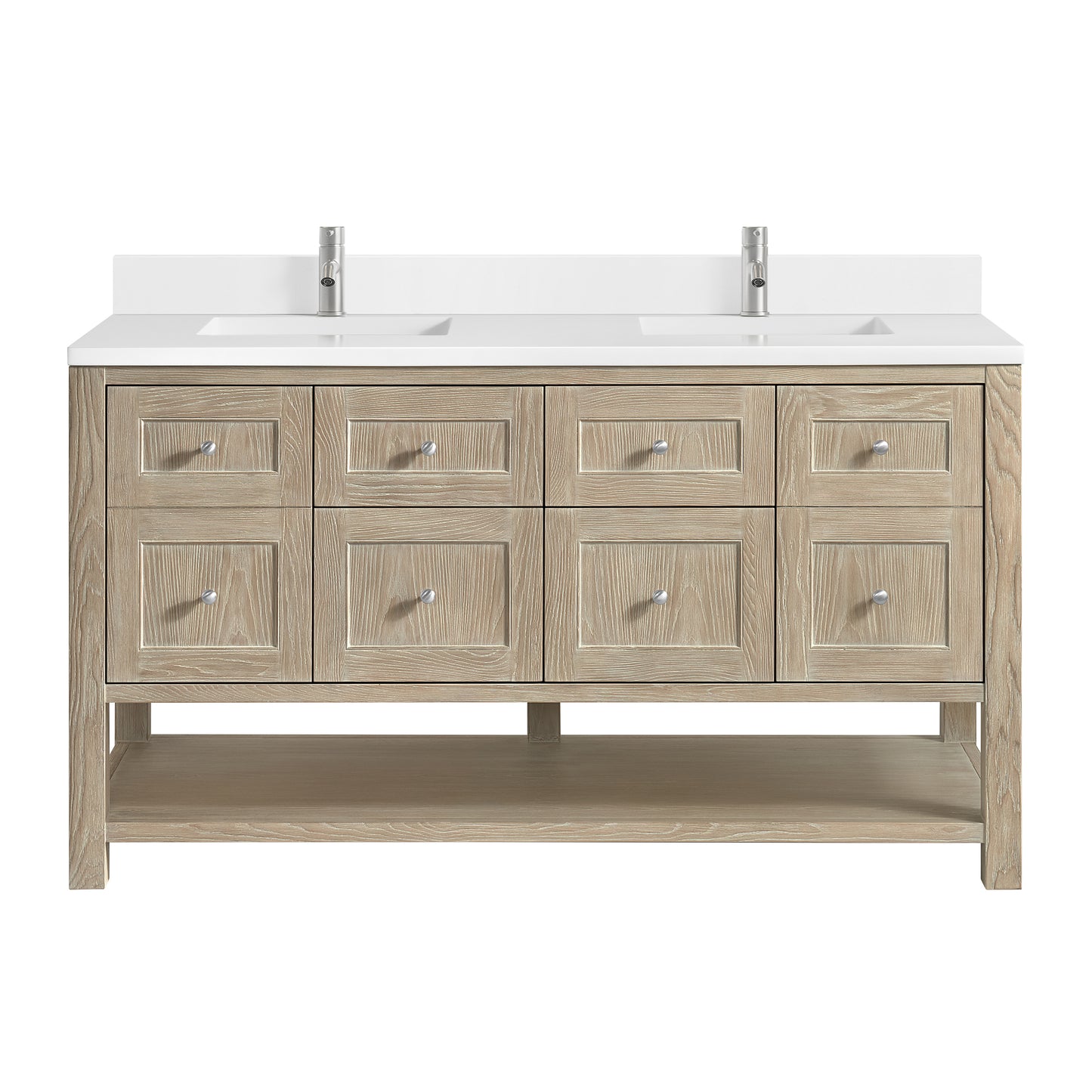 Breckenridge 60" Double Vanity, Whitewashed Oak, w/ Single Hole 3 CM White Zeus Quartz Top & Backsplash