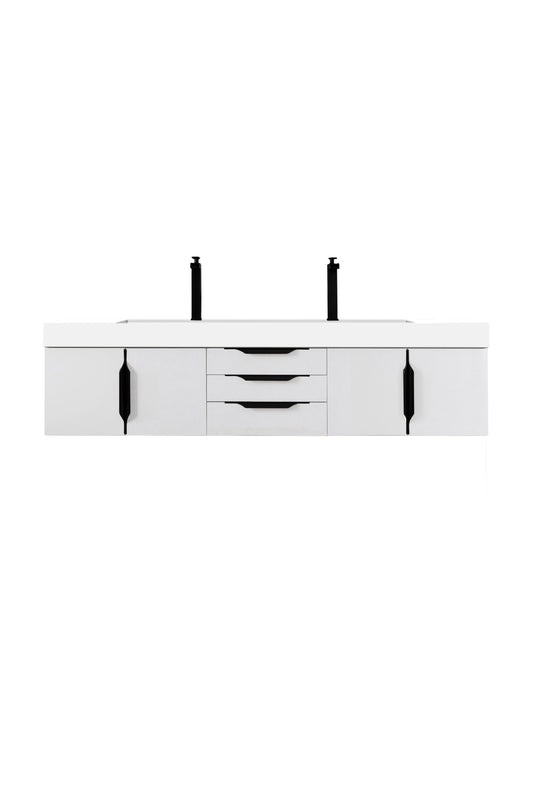 Columbia 72" Double Wall Mount Vanity, Glossy White, Matte Black w/ Glossy White Composite Stone Top