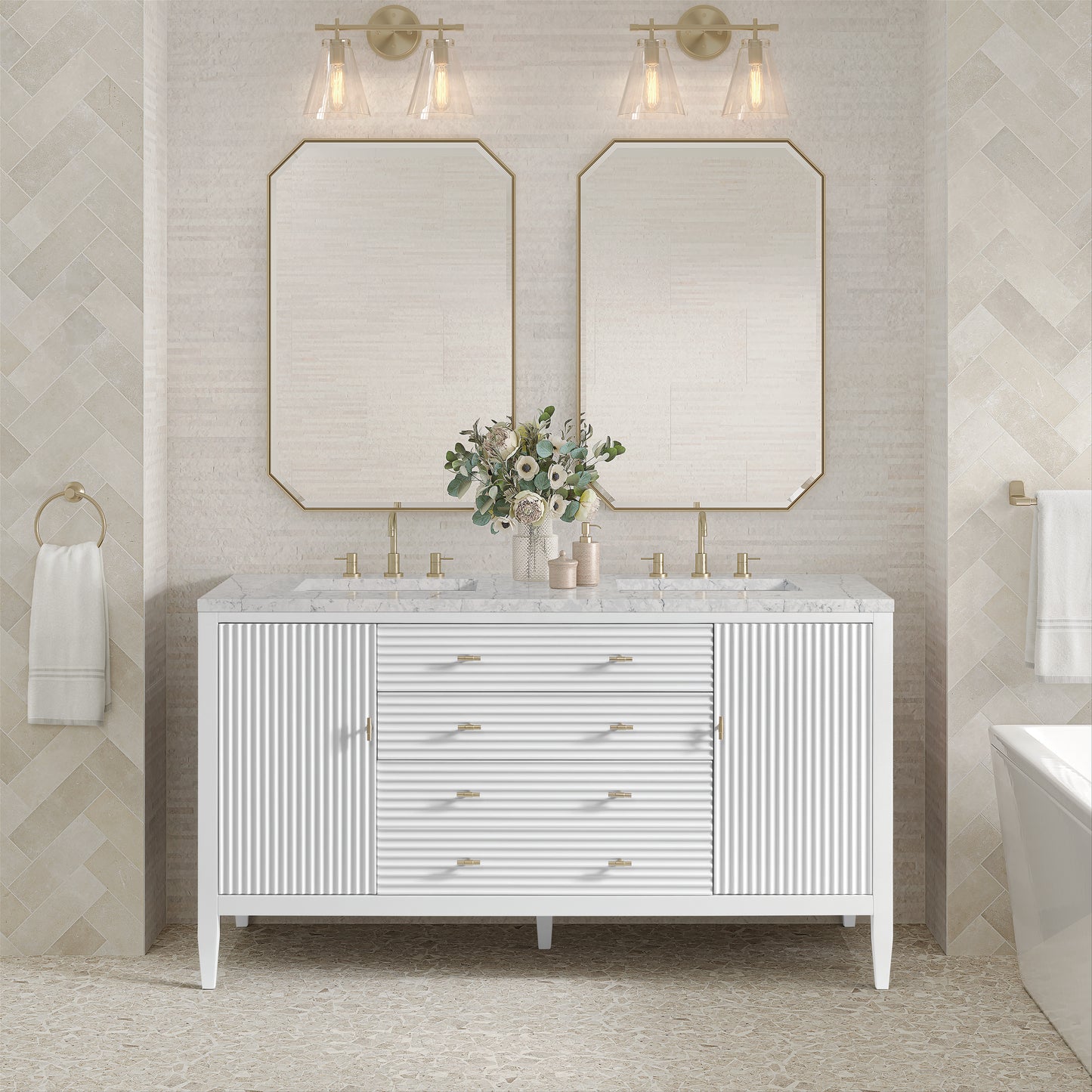 Myrrin 60" Double Vanity, Bright White w/ 3 CM Eternal Jasmine Pearl Silestone Top