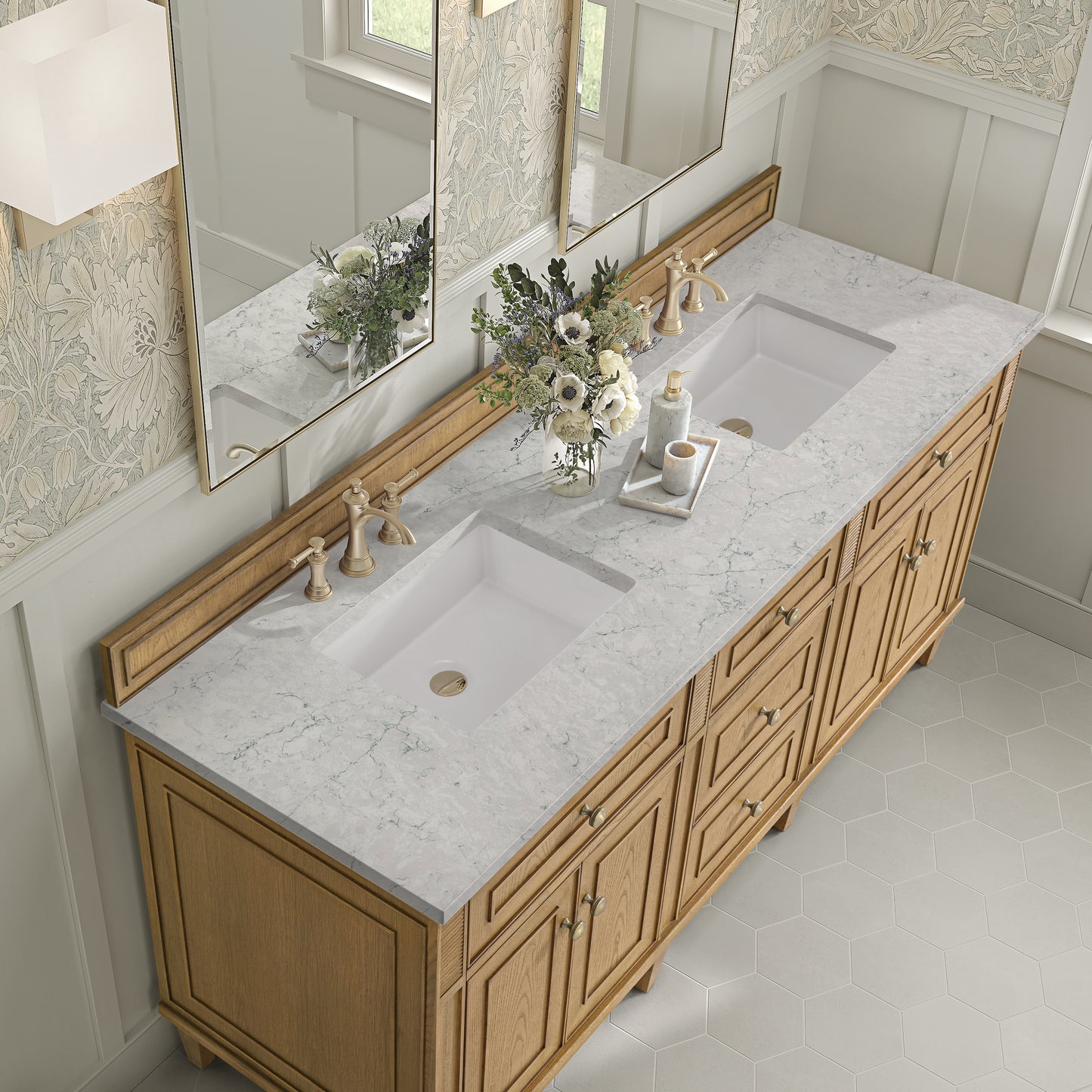 Lorelai 72" Double Vanity, Light Natural Oak w/ 3 CM Eternal Jasmine Pearl Silestone Top