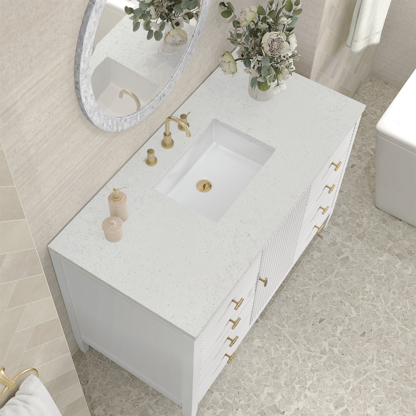 Myrrin 48" Vanity, Bright White w/ 3 CM Lime Delight Silestone Top