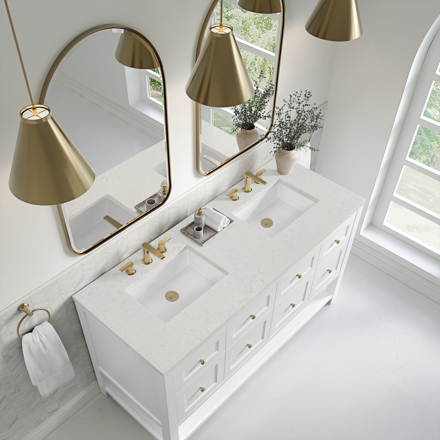 Breckenridge 60" Double Vanity, Bright White, w/ 3 CM Lime Delight Quartz Top