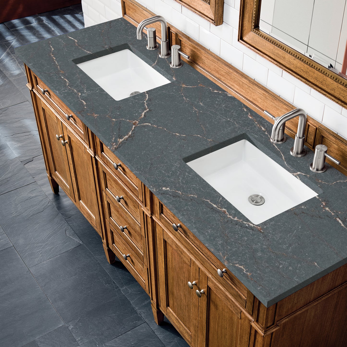 Brittany 72" Double Vanity, Saddle Brown w/ 3 CM Parisien Bleu Silestone Top