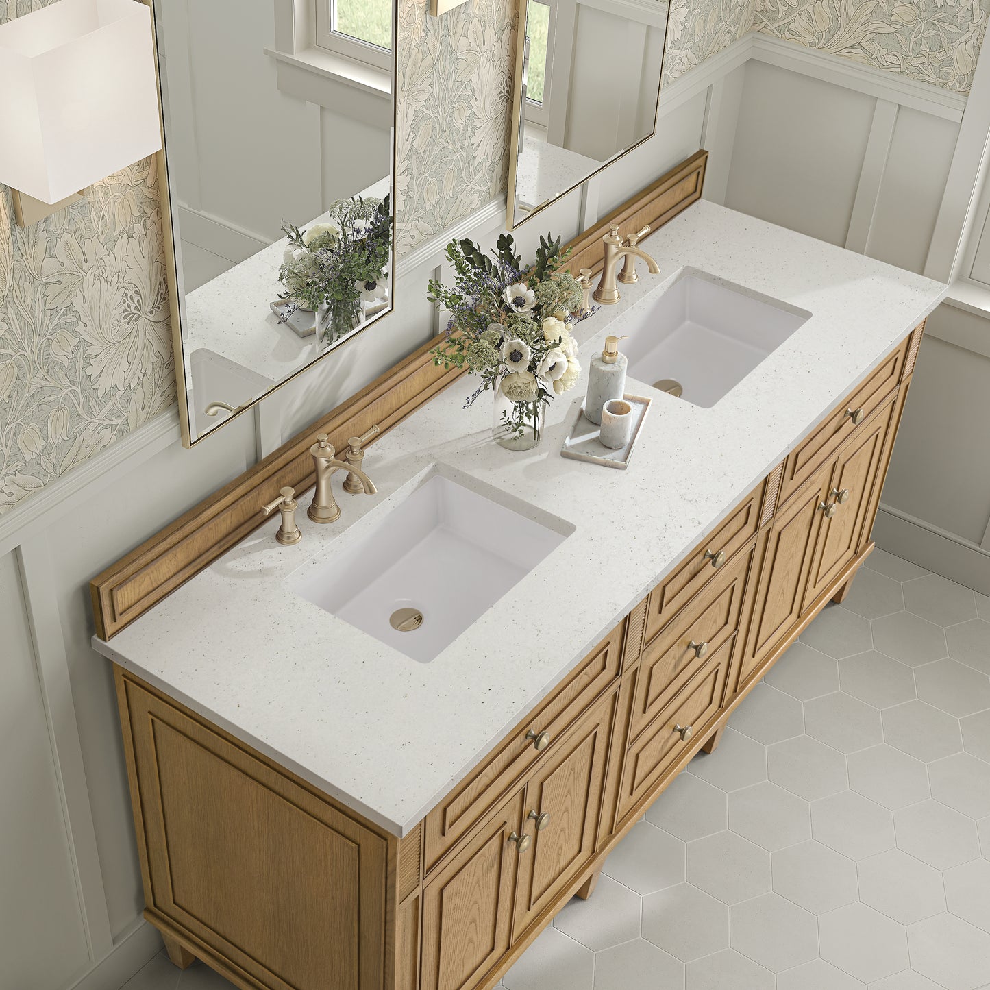 Lorelai 72" Double Vanity, Light Natural Oak w/ 3 CM Lime Delight Silestone Top