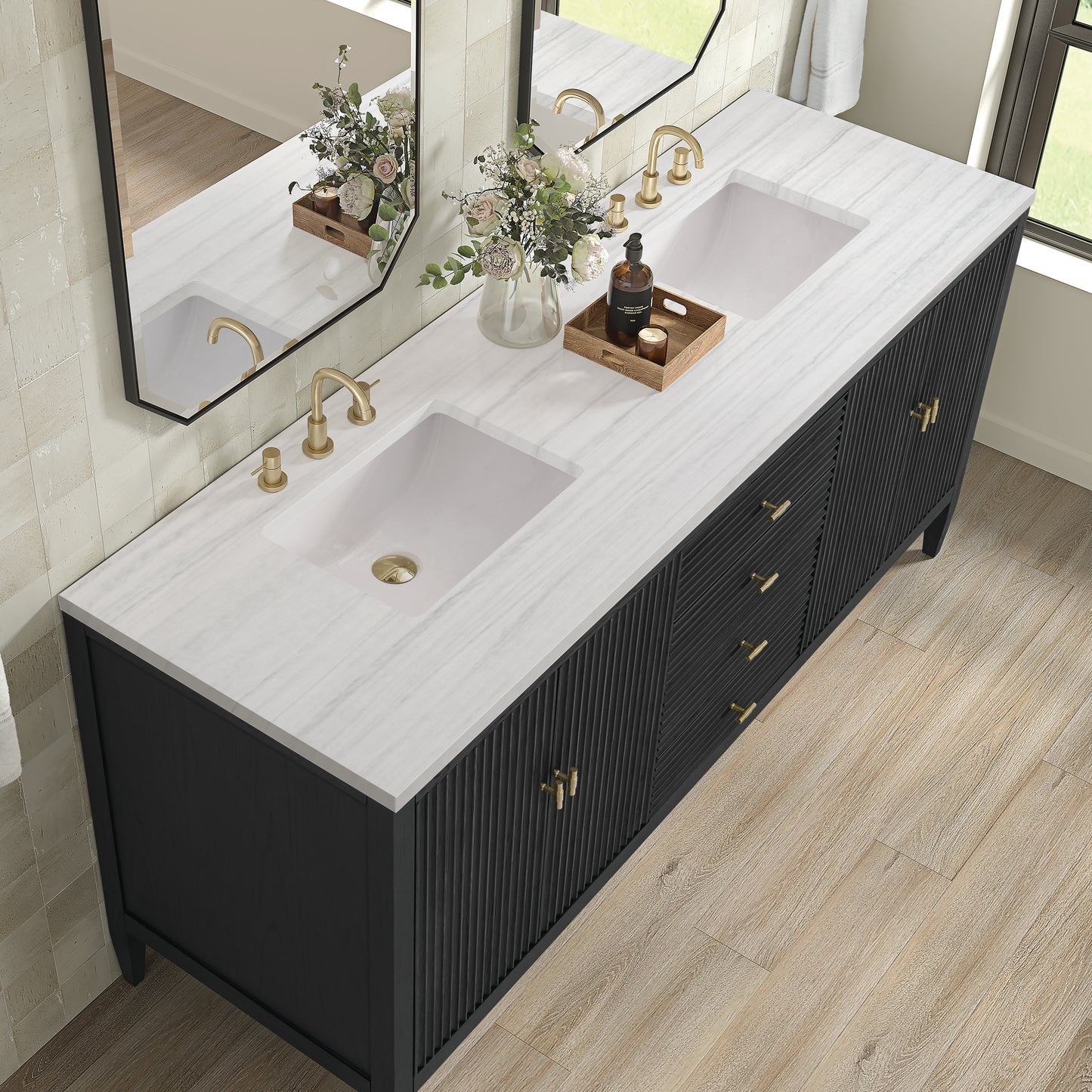 Myrrin 72" Double Vanity, Carbon Oak w/ 3 CM Arctic Fall Solid Surface Top